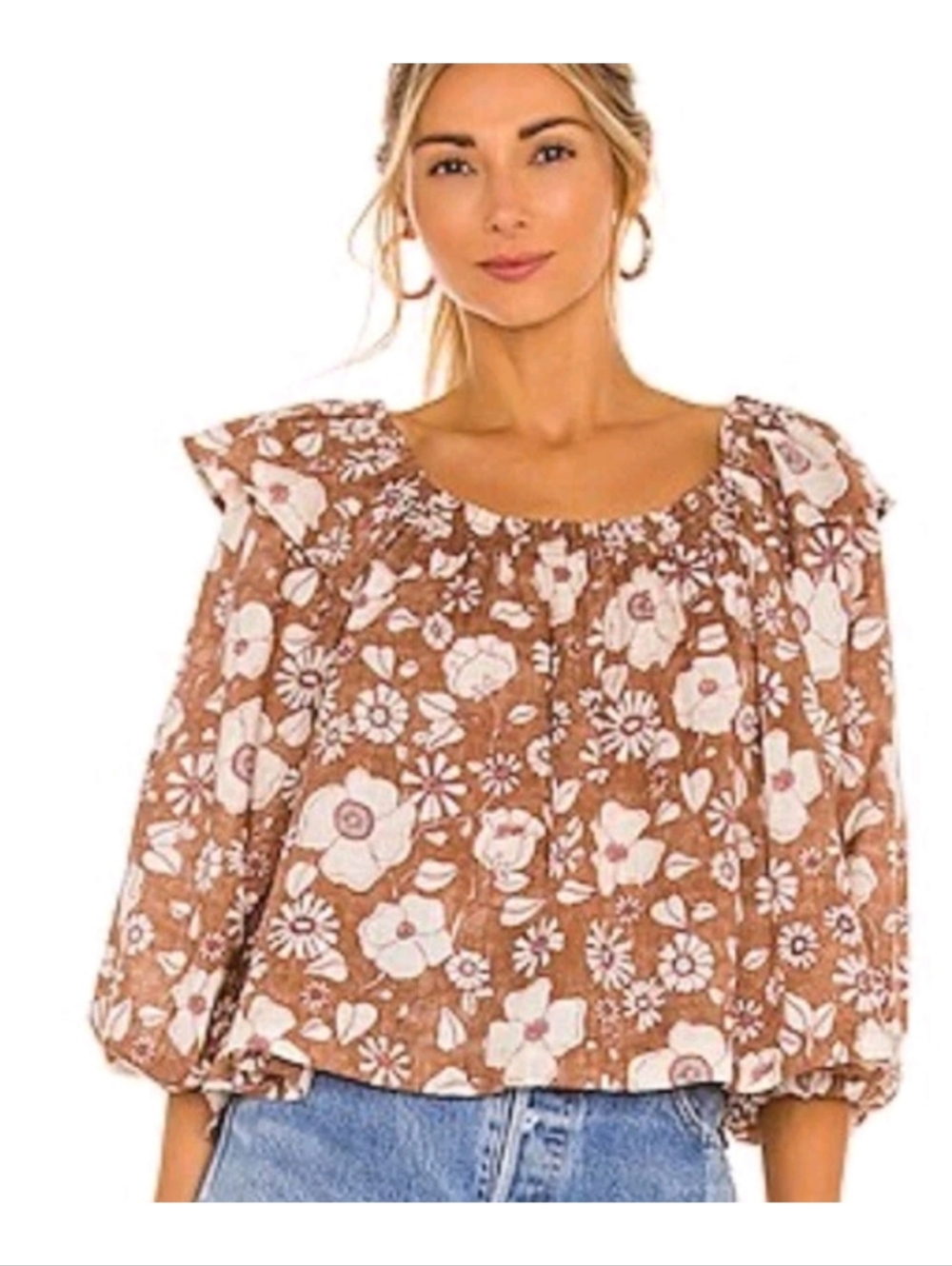Free People Daisy Floral Cotton Ruffle Balloon Sleeve Cropped A Line Blouse